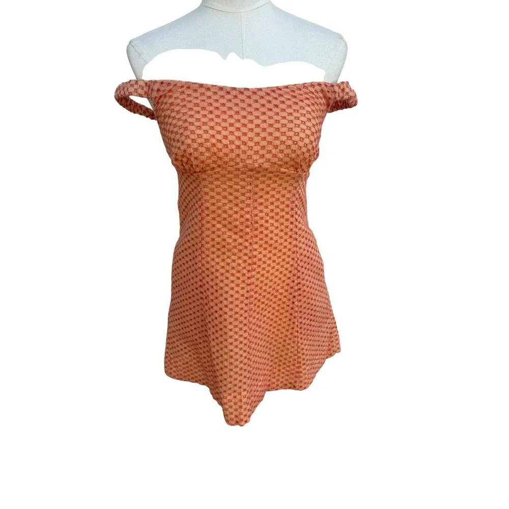 Free People Peach Coral Textured Mini Dress Off Shoulder Boho Small